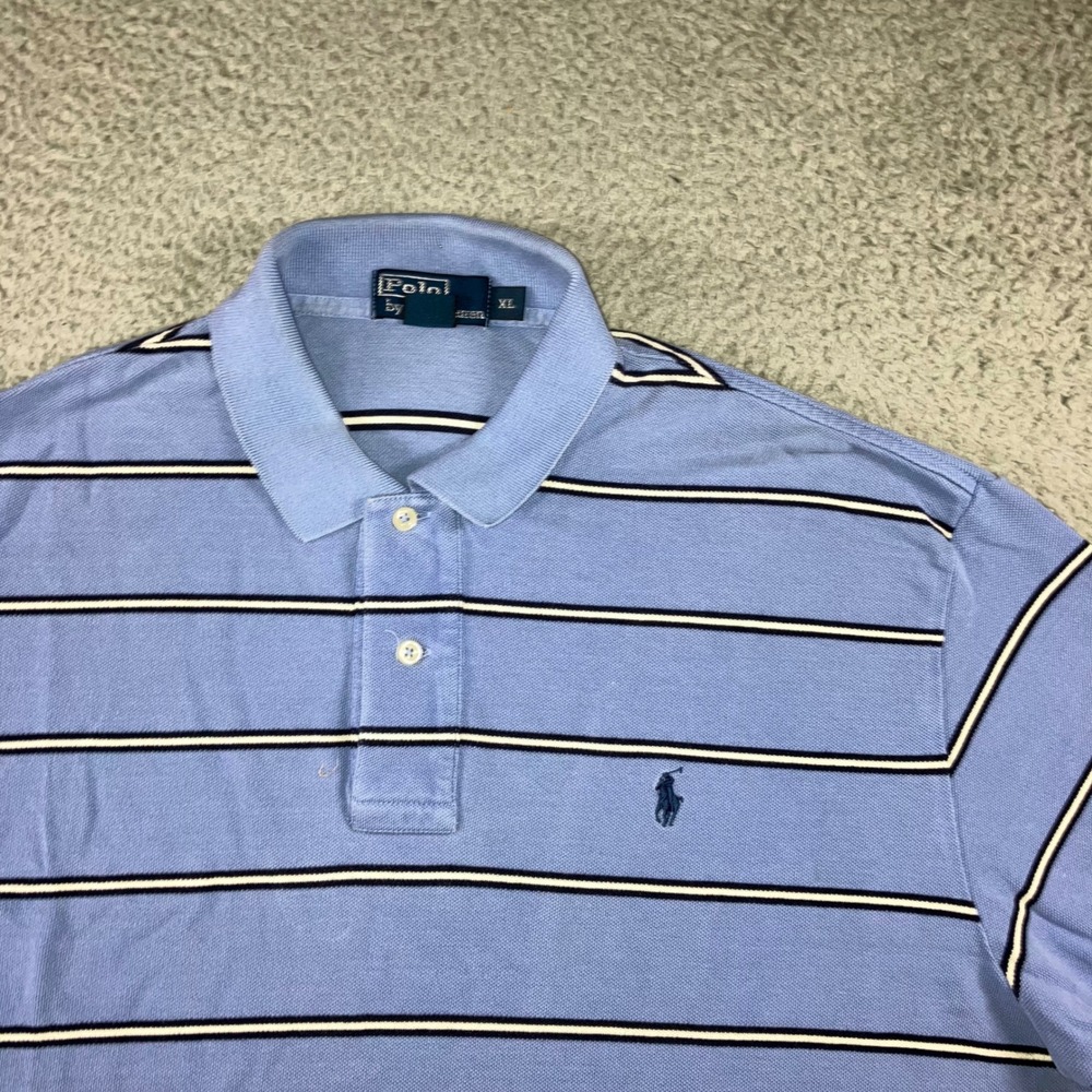 VTG Ralph Lauren Polo Shirt Men XL Blue Striped S/S Pony Logo Classic 90s